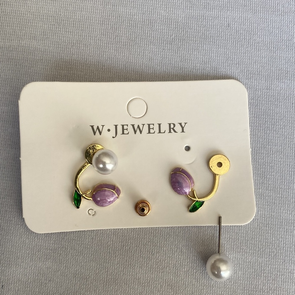 Trendy Elegant Purple Tulip Flower Pearl Stud Earrings, Women's‎ Stud Earrings - Picture 8 of 8